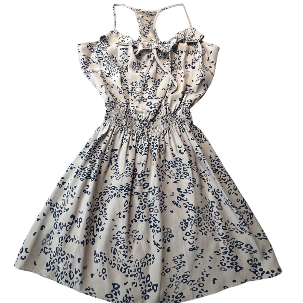 Pure Silk Leopard Print Smocked Waist Mini‎ Dress Racerback Ruffle Tan Black